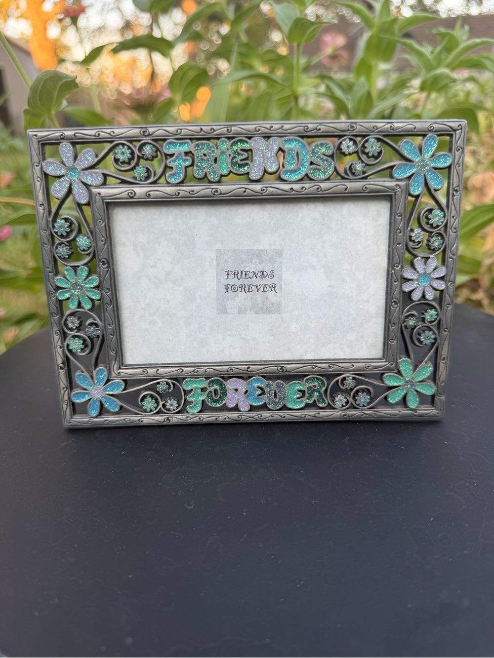 Vintage Y2K-era pewter "Friends Forever" sparkly 2.75 x 4.25” picture frame
